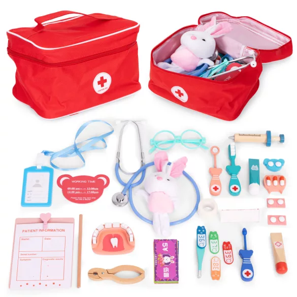 ECOTOYS fa doktor játékszett orvosi táskával gyerekeknek, 28 darab