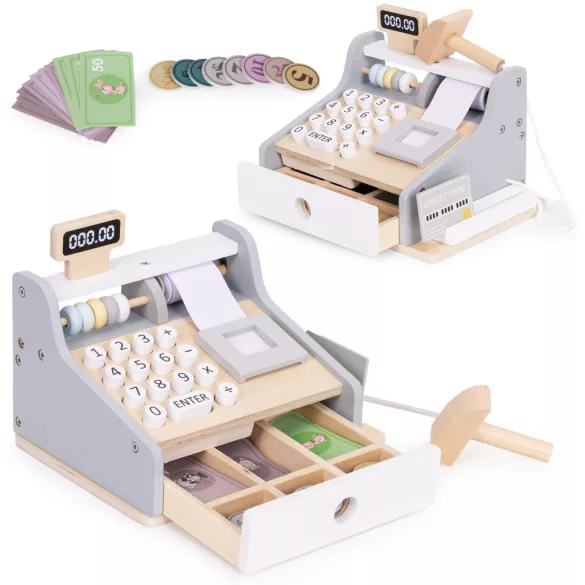 ECOTOYS fa játék pénztárgép gyerekeknek szkennerrel, bankjegyekkel, érmékkel és kártyával
