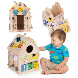   ECOTOYS fa készségfejlesztő busy house gyerekeknek, oktatópanel, XXL, 30 részes