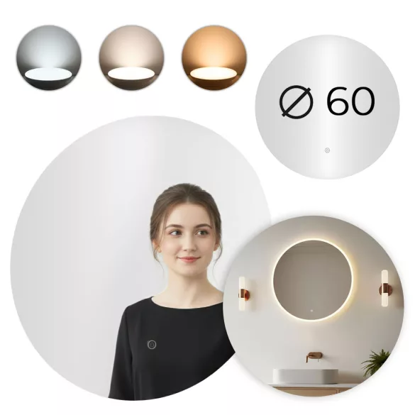 ModernHome kerek LED fürdőszobatükör falra szerelhető, 60 cm, 3 szín, érintőkapcsolós