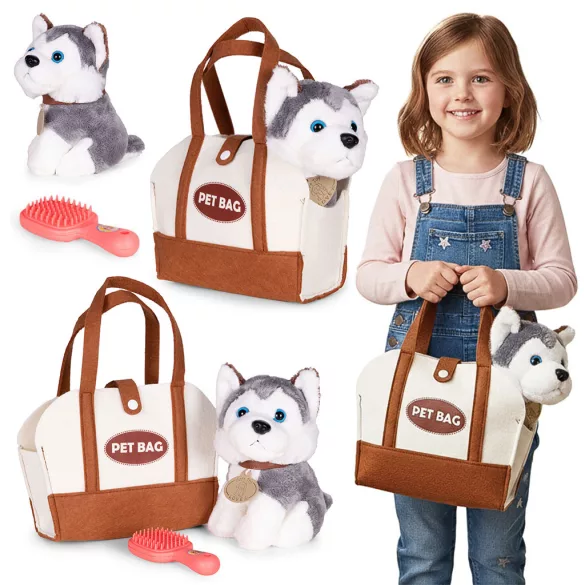 MULTISTORE plüss husky kiskutya táskában, ápolókefével, gyerekeknek