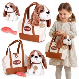   MULTISTORE plüss beagle kiskutya táskában gyerekeknek, ápolókefével
