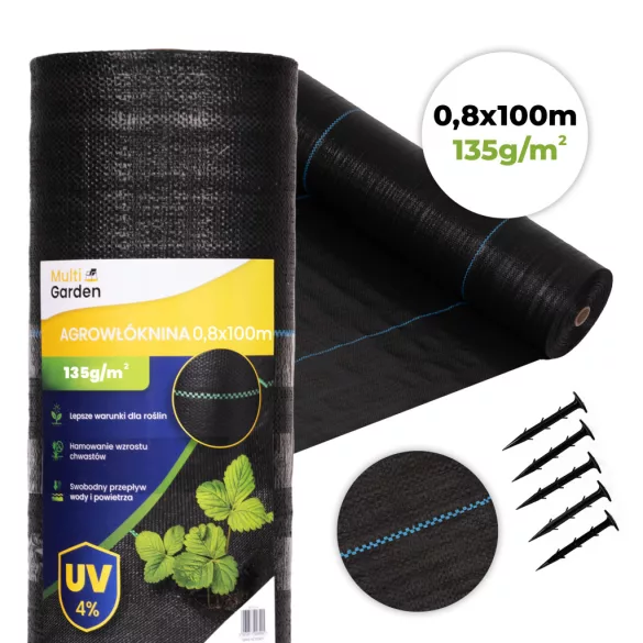 MultiGarden fekete UV-álló agroszövet gyomfogó talajtakaró 135 g/m² 0.8×100 m rögzítő tüskékkel
