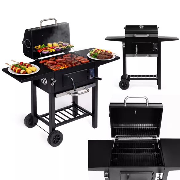 MultiGarden faszenes kerti grill fedéllel, állítható ráccsal, hőmérővel és hamugyűjtővel