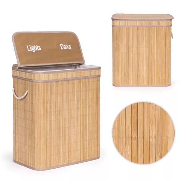 ModernHome bambusz szennyestartó kosár fedéllel, 100 l, 2 rekeszes
