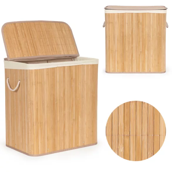 ModernHome bambusz szennyestartó kosár fedéllel, 150 l, 3 rekeszes