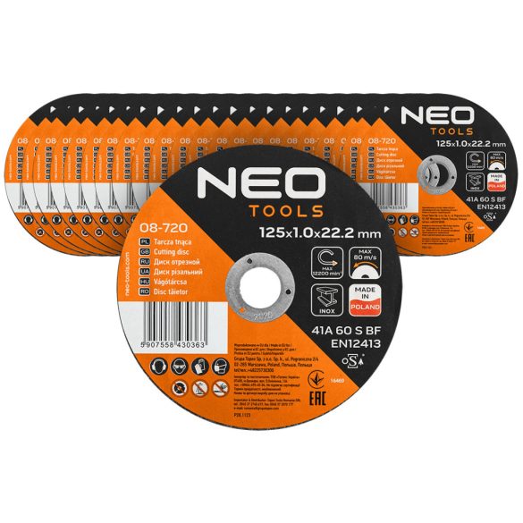NEO TOOLS Vágókorong, fémhez, 125x1x22,2mm, 41A 60 S BF INOX, 25db/cs 08-720