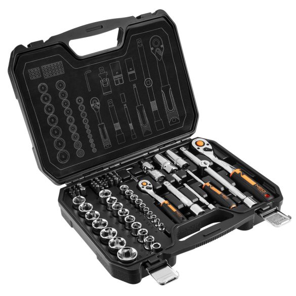 NEO TOOLS Dugókulcskészlet + bitkészlet 1/2", 1/4", 73db 25 év garanciával 10-054
