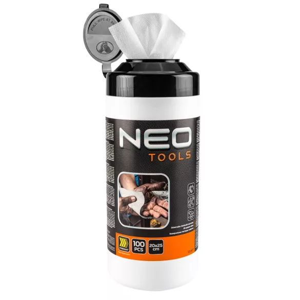 NEO TOOLS Kéztisztító kendő, 100 lap, ragasztó, gyanta, szilikon, lakk, festék, poliuretán hab és polimer 10-407