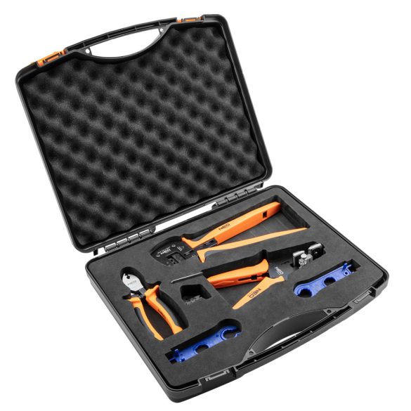 NEO TOOLS Napelem szerelő szerszámkészlet, 5db, kábelcsupaszító, kábelvágó, krimpelő fogó, csatlakozó fogók, kofferben 01-559