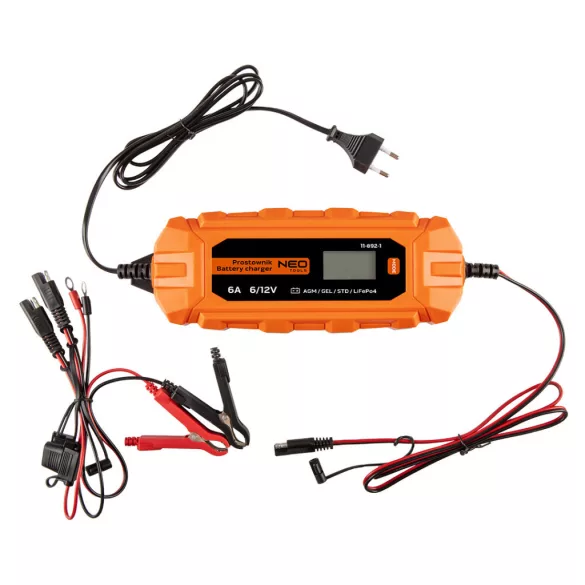NEO TOOLS Automatikus akkumulátortöltő 6A/100W, 3-150Ah, savas / AGM / GEL akkumulátorokhoz 2 év garanciával 11-892-1