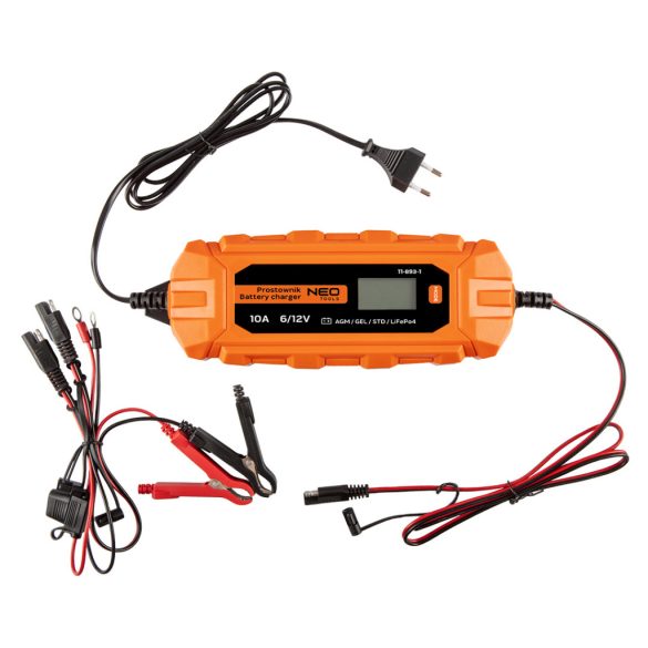 NEO TOOLS Automatikus akkumulátortöltő 10A/160W, 3-200Ah, savas / AGM / GEL akkumulátorokhoz 2 év garanciával 11-893-1