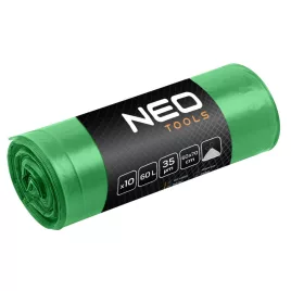   NEO TOOLS Szemeteszsák 60l, 60x70cm, zöld,erősített húzószalagos, vastagság:35mic, 10db 15-990