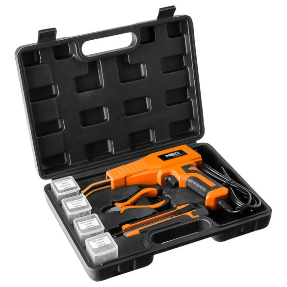 NEO TOOLS Műanyag forrasztó/hegesztő pisztoly készlet kapcsokkal 50W, 200 db kapocs 19-158