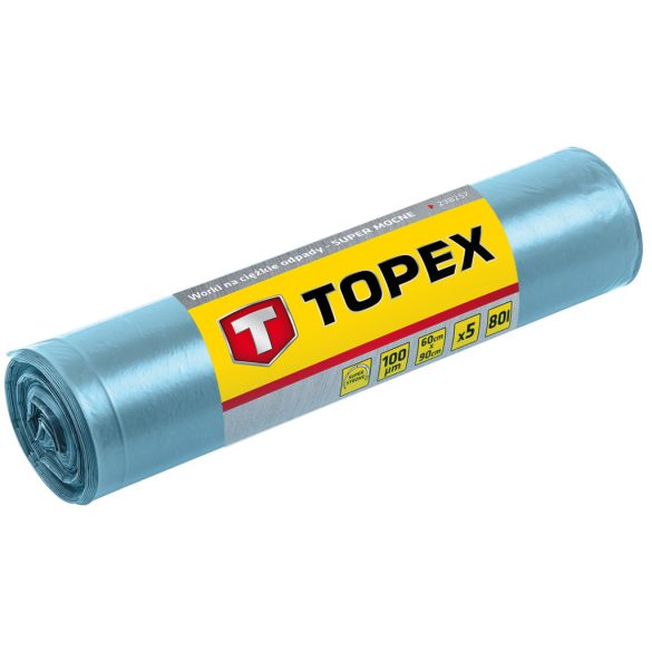 TOPEX Szemeteszsák 80L, Nagy teherbírású, kék, méretek:60x90cm, vastagság: 100 mic, LDPE fólia, 5db 23B257