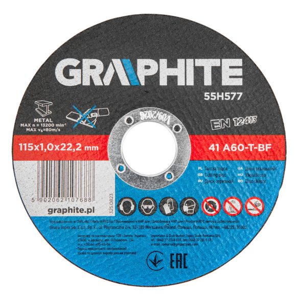GRAPHITE Vágókorong, fémhez, 115x1x22.2 mm, 41 A60-T-BF, 10db 55H577