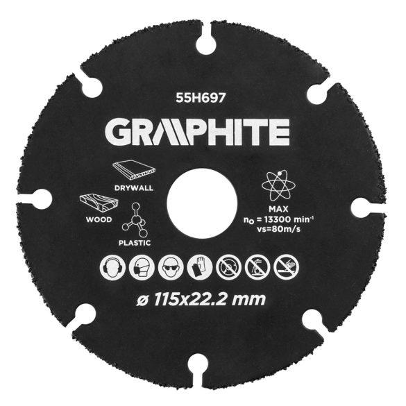 GRAPHITE Vágókorong, fához, műanyaghoz, volfrámkarbid, 115x22.2mm 55H697