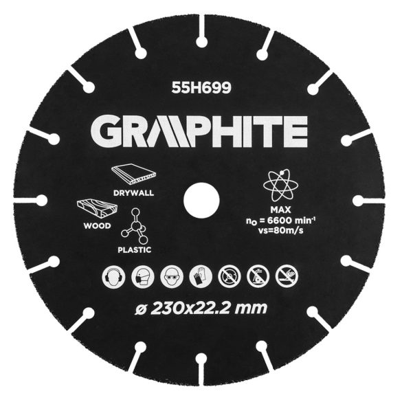 GRAPHITE Vágókorong, fához, műanyaghoz, volfrámkarbid, 230x22.2mm 55H699