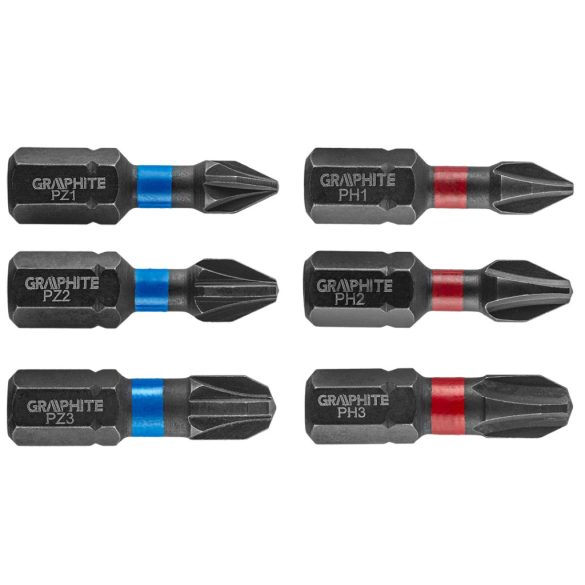 GRAPHITE Torziós ütvecsavarozó bit PH1/2/3, PZ1/2/3x25mm, 6db 56H540