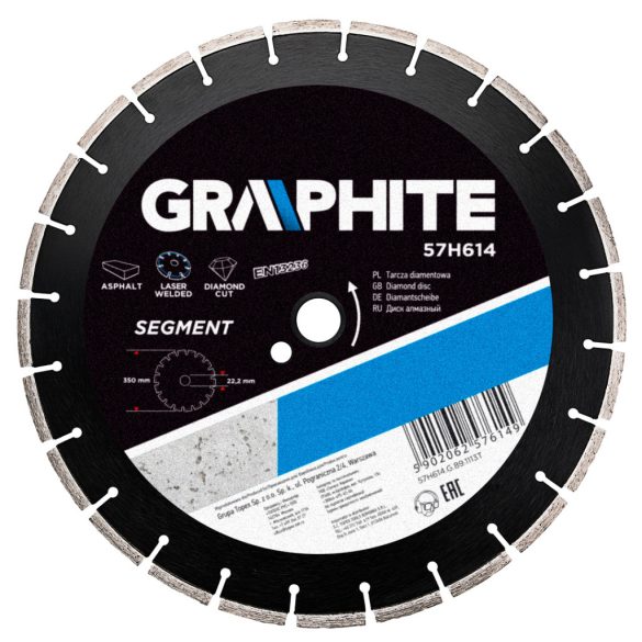 GRAPHITE Gyémánt vágókorong 350MM SZEGMENSES LÉZER HEGESZTETT, belső átm. 25, 4mm, 8mm szegmens 57H614