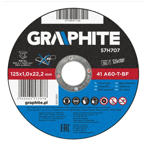 GRAPHITE Vágókorong fémhez 125x1.0x22mm, 41 A60-T-BF 57H707