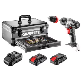   GRAPHITE Akkus fúró Energy+, 2db akku+töltő!, 18V/2Ah, 10mm + alu koffer + 109 kiegészítő, levehető fúrótokmány 3 év garanciával 58G022-PS15