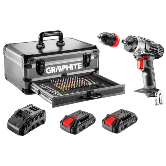 GRAPHITE Akkus fúró Energy+, 2db akku+töltő!, 18V/2Ah, 10mm + alu koffer + 109 kiegészítő, levehető fúrótokmány 3 év garanciával 58G022-PS15