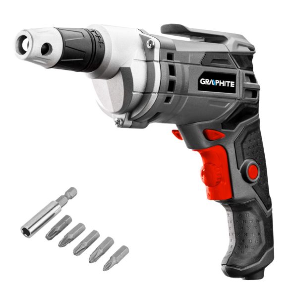 GRAPHITE Csavarozógép, gipszkartonhoz/építőlemezekhez, kuplungos 230V/520W, 0-4200 fordulat/perc, hordtáska 3 év garanciával 58G794