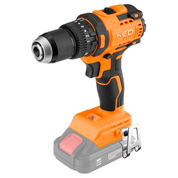 NEO TOOLS Akkus szénkefementes fúró, csavarozó, ütvefúró, Energy+, 18V Kompakt méret, 13mm fém tokmány, akku nélkül 3 év garanciával 04-619