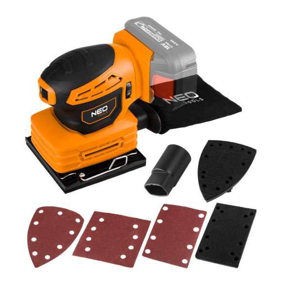 NEO TOOLS Akkus szénkefementes rezgőcsiszoló, Energy+, 18V, 3 cserélhető talppal, akku nélkül 3 év garanciával 04-623