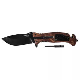   NEO TOOLS Összecsukható Túlélőkés, 22cm, 6 az 1-ben: kés, síp, kovakő, csavarkulcs, szíjvágó, üvegtörő, penge: 9cm 63-107