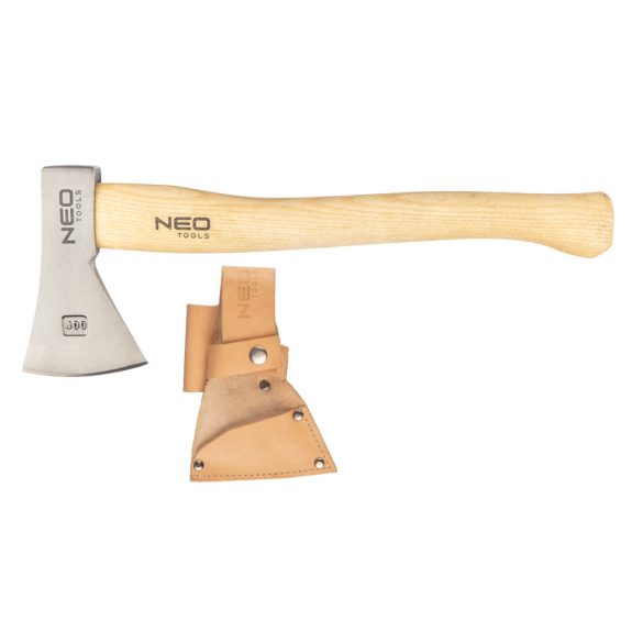 NEO TOOLS Túlélő balta bőr tokkal, 400g, kovácsolt szénacél C55, Kőrisfa nyél, polírozott penge 63-119