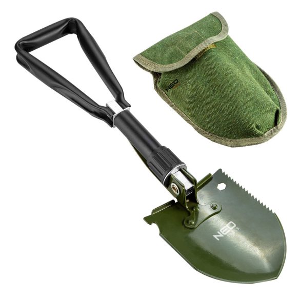 NEO TOOLS Összecsukható tábori ásó, fejben elrejtett szerszámokkal: ásó, csákány, palacknyitó, fűrész, csavarkulcs 10mm 63-121