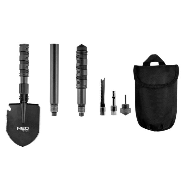NEO TOOLS Multifunkciós túlélő tábori ásó, 63cm, ásó, fűrész, csákány, palacknyitó, kovakő, kés, üvegtörő, síp 63-122
