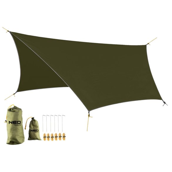 NEO TOOLS TÚLÉLŐ KEMPING PONYVA, VíZÁLLÓ, 360X290CM, 210T/2000PU ANYAG, HORGOK, KÖTELEK, 2 SZÁLLíTÓZSÁK 63-180