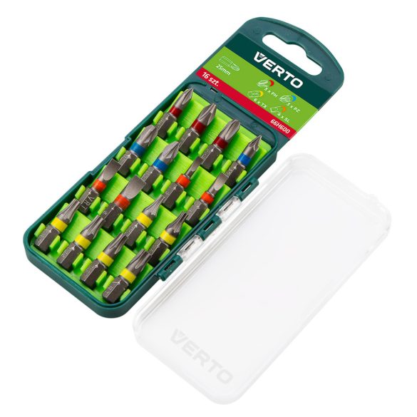 VERTO Csavarhúzó bitkészlet, 16db, 25mm - 3 x PH, 3 x PZ, 4 x SL, 6 x TORX (CrV) 66H600