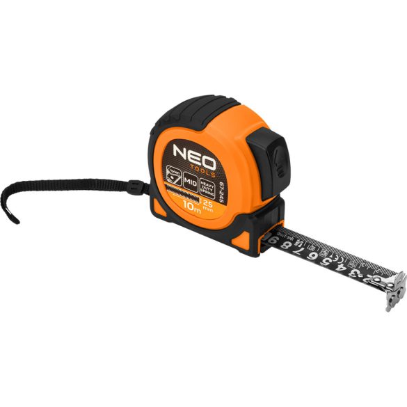 NEO TOOLS Mérőszalag, 10m/25mm, erősített rugós, acél, fekete szalag fehér nagyított skálával, mágneses, autostop+rögzítő 67-245