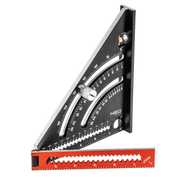 NEO TOOLS Talpas derékszög, alumínium, kiegészítő vonalzóval, 45 fokos szárral, mérőskálával, 185mm 72-105