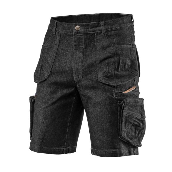 NEO TOOLS Farmer Rövid munkásnadrág, DENIM, fekete, cipzáros oldalzsebekkel, 98% pamut, 410g/m2, S 81-273-S