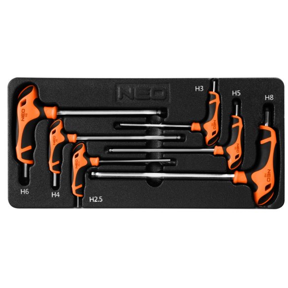 NEO TOOLS IMBUSZKULCS KÉSZLET „T” MARKOLATTAL 6db, MŰHELYKOCSITÁLCÁVAL 84-254
