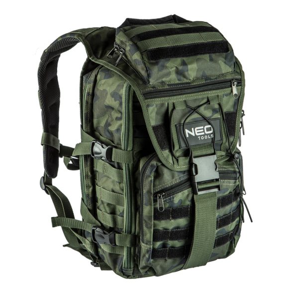 NEO TOOLS Taktikai túra hátizsák terepszínű, kívül:4 zseb, belül:18 zseb, 600D poliészter, 30L kapacitás 84-321