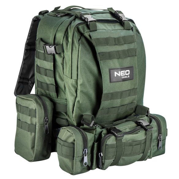 NEO TOOLS Túra hátizsák, 600D poliész, 40L, 4a 1ben: hátizsák, 2 kis oldaltáska, 1 közepes táska, sötétzöld 84-326