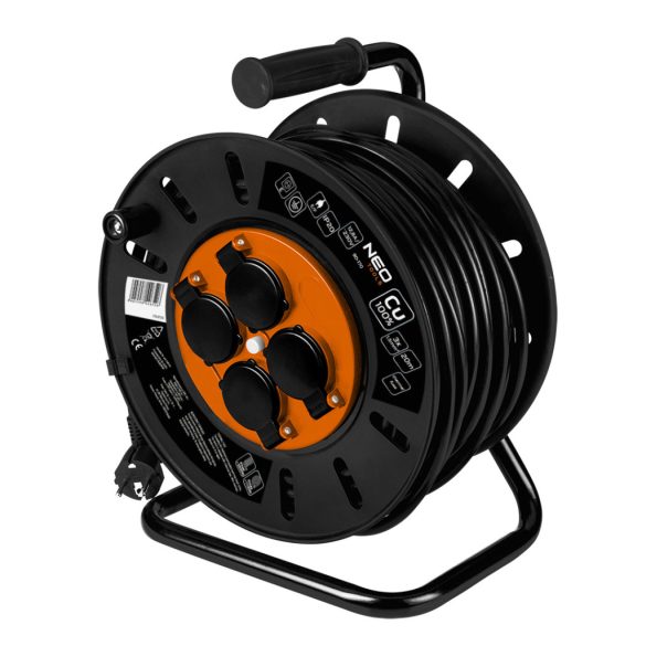 NEO TOOLS Kábeldob, hosszabbító, 20m/3x1,5mm2 réz kábel, 230V, IP20, hőkioldó, műanyag dob, fém keret  90-170