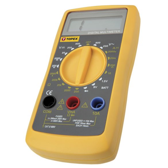TOPEX MULTIMÉTER Digitális, AC V, DC A, DC V, Ellenállás, Dióda, Akku mérő 1,5V, 9V 94W104