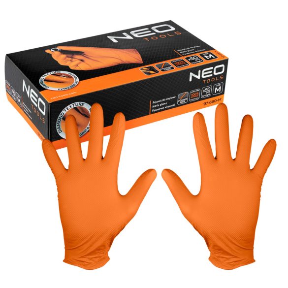 NEO TOOLS Munkakesztyű, perforált nitril, narancssárga, 50db, M 97-690-M