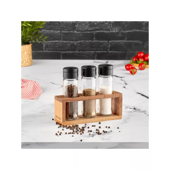 3 darabos üveg fűszertartó készlet fa állvánnyal