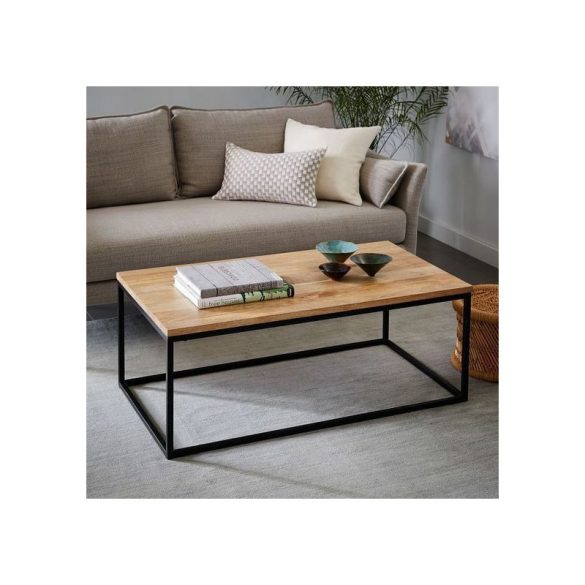 Elite Home® Elegáns, minimalista stílusú fekete fémvázas dohányzóasztal, tölgy színű asztallappal