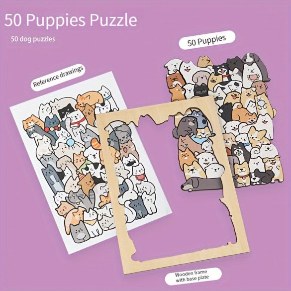 50 db-os fa puzzle, vegyes színekben, szabálytalan alakú kutya, macska, panda kialakítás