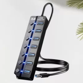   USB 3.0 hub, 7 portos elosztó független be-/kikapcsoló kapcsolókkal és LED-jelzőfényekkel