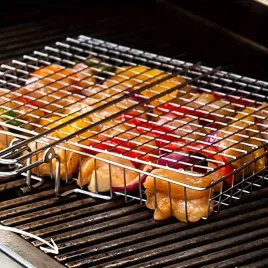 1db Nagy Rozsdamentes Acél BBQ Grillkosár Fogantyúval